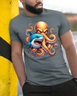 Shark vs Octopus Battle Ocean Monster Graphic T-Shirt - model wearing grey tee, leaning on column