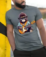Rocking Monkey Guitar Player Funny Animal Lover T-Shirt - model wearing grey tee, leaning on column