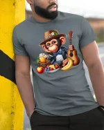 Dapper Monkey Breakfast Vibes Funny Animal T-Shirt - model wearing grey tee, leaning on column