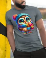 Cute Winter Owl in Colorful Scarf Cozy Graphic T-Shirt - model wearing grey tee, leaning on column