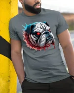Fierce Bulldog Red Eyes Graphic T-Shirt for Men - model wearing grey tee, leaning on column