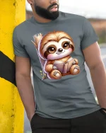 Cute Reading Sloth Book Lover Funny Graphic T-Shirt - model wearing grey tee, leaning on column