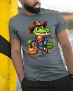 Cowboy Alligator Guitar Lover Funny Country T-Shirt - model wearing grey tee, leaning on column