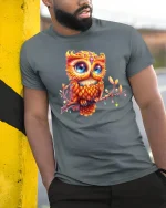 Colorful Owl Art Cute Bird Lover Fantasy Graphic T-Shirt - model wearing grey tee, leaning on column