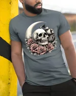 Skull Moon Roses Pirate Ship Gothic Art Graphic T-Shirt - model wearing grey tee, leaning on column