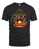 Cozy Christmas Fireplace Graphic T Shirt Holiday Home Warm Vibes Tee - black t-shirt on white background