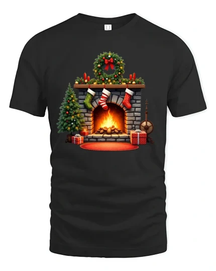Cozy Christmas Fireplace Graphic T Shirt Holiday Home Warm Vibes Tee - black t-shirt on white background