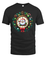 Santa Clock Christmas Wreath Graphic T Shirt Festive Holiday Tee - black t-shirt on white background