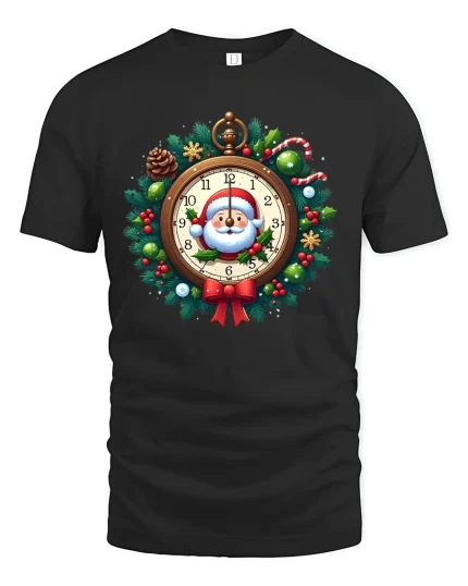 Santa Clock Christmas Wreath Graphic T Shirt Festive Holiday Tee - black t-shirt on white background