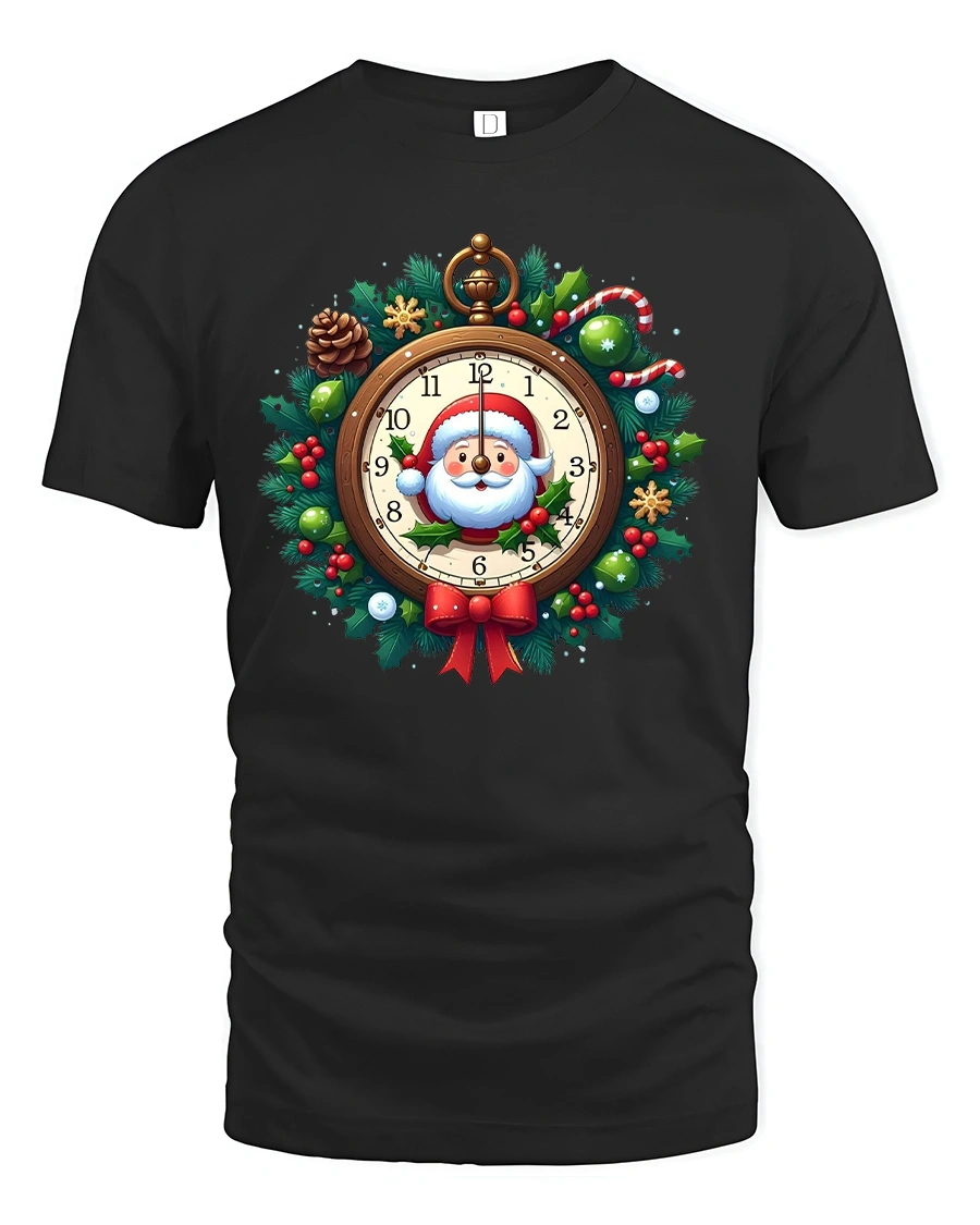 Santa Clock Christmas Wreath Graphic T Shirt Festive Holiday Tee - 1 Santa Clock Christmas Wreath Graphic T Shirt Festive Holiday Tee - black t-shirt on white background