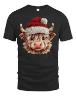 Cute Highland Cow Christmas Graphic T Shirt Cozy Holiday Vibes Tee - black t-shirt on white background