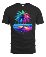 Neon Palm Tree Sunset Graphic T Shirt Tropical Beach Vibes Tee - black t-shirt on white background