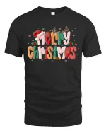 Merry Christmas Festive Typography Graphic T Shirt Cozy Holiday Tee - black t-shirt on white background