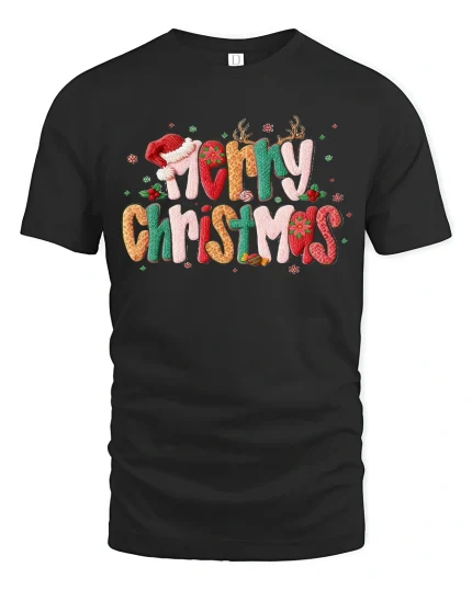 Merry Christmas Festive Typography Graphic T Shirt Cozy Holiday Tee - black t-shirt on white background
