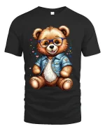Cute Teddy Bear With Glasses Graphic T Shirt Adorable Style Tee - black t-shirt on white background