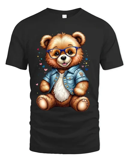 Cute Teddy Bear With Glasses Graphic T Shirt Adorable Style Tee - black t-shirt on white background