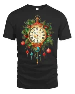Vintage Christmas Clock Ornament Graphic T Shirt Festive Holiday Tee - black t-shirt on white background