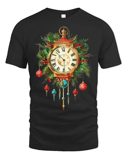 Vintage Christmas Clock Ornament Graphic T Shirt Festive Holiday Tee - black t-shirt on white background
