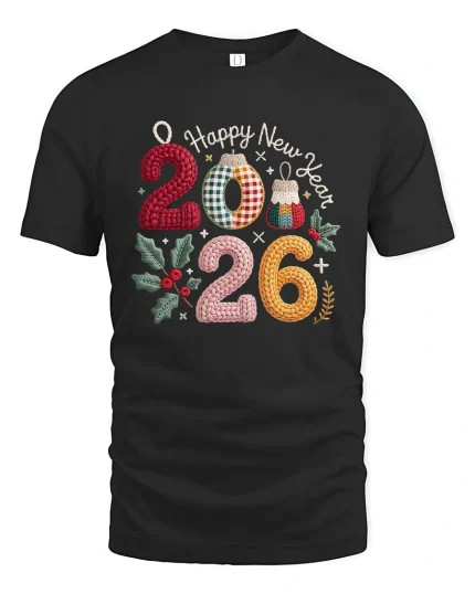 Happy New Year 2026 Knitted Style Graphic T Shirt Cozy Festive Tee - black t-shirt on white background