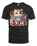 Cute Christmas Kitten With Gift Boxes Graphic T Shirt Cozy Tee - black t-shirt on white background