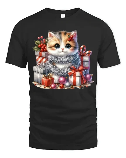 Cute Christmas Kitten With Gift Boxes Graphic T Shirt Cozy Tee - black t-shirt on white background