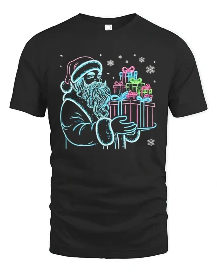 Neon Santa Christmas Gifts Graphic T Shirt Festive Holiday Glow Tee - black t-shirt on white background