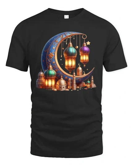 Crescent Moon Lantern Art Graphic T Shirt Magical Night Glow Tee - black t-shirt on white background