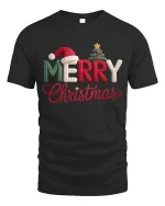 Merry Christmas Knitted Letter Graphic T Shirt Cozy Holiday Tee - black t-shirt on white background