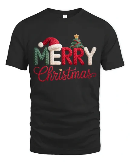 Merry Christmas Knitted Letter Graphic T Shirt Cozy Holiday Tee - black t-shirt on white background