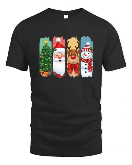 Christmas Characters Santa Reindeer Snowman Graphic T Shirt Fun Tee - black t-shirt on white background