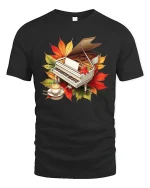 Autumn Piano Coffee Art Graphic T Shirt Cozy Music Lover Tee - black t-shirt on white background