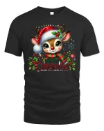 Cute Reindeer Merry Christmas Graphic T Shirt Festive Holiday Tee - black t-shirt on white background