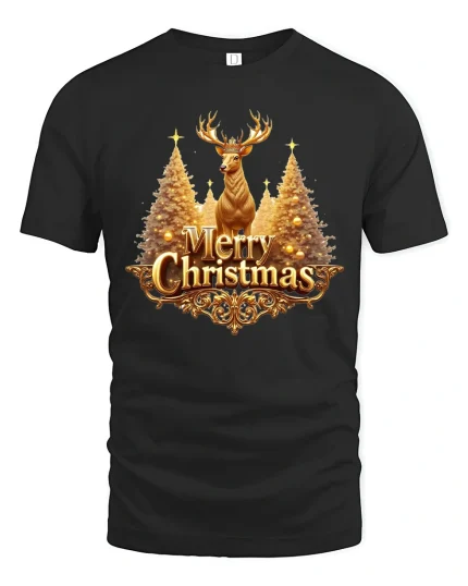 Golden Reindeer Merry Christmas Graphic T Shirt Elegant Holiday Tee - black t-shirt on white background