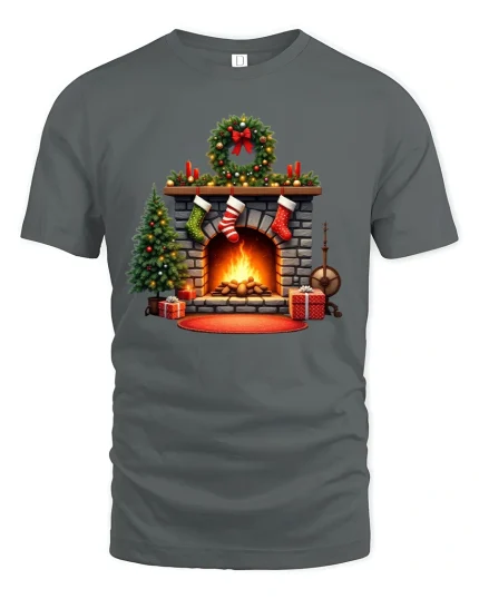 Cozy Christmas Fireplace Graphic T Shirt Holiday Home Warm Vibes Tee - gray t-shirt on white background