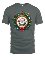 Santa Clock Christmas Wreath Graphic T Shirt Festive Holiday Tee - gray t-shirt on white background