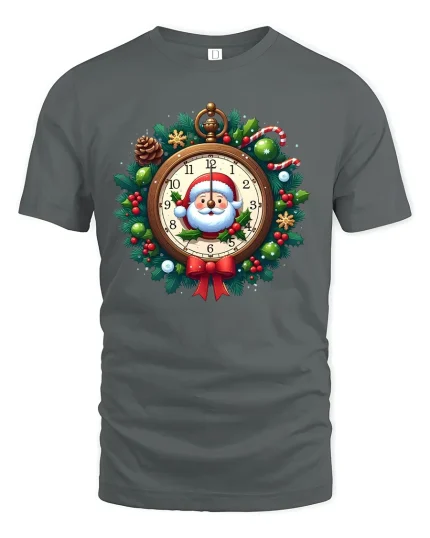 Santa Clock Christmas Wreath Graphic T Shirt Festive Holiday Tee - gray t-shirt on white background
