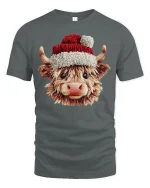 Cute Highland Cow Christmas Graphic T Shirt Cozy Holiday Vibes Tee - gray t-shirt on white background