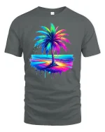 Neon Palm Tree Sunset Graphic T Shirt Tropical Beach Vibes Tee - gray t-shirt on white background