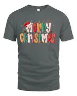 Merry Christmas Festive Typography Graphic T Shirt Cozy Holiday Tee - gray t-shirt on white background
