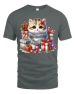Cute Christmas Kitten With Gift Boxes Graphic T Shirt Cozy Tee - gray t-shirt on white background