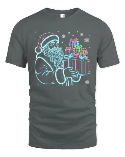 Neon Santa Christmas Gifts Graphic T Shirt Festive Holiday Glow Tee - gray t-shirt on white background