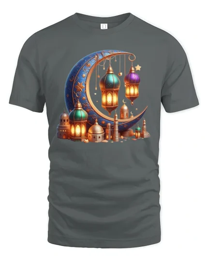 Crescent Moon Lantern Art Graphic T Shirt Magical Night Glow Tee - gray t-shirt on white background