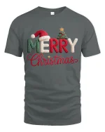 Merry Christmas Knitted Letter Graphic T Shirt Cozy Holiday Tee - gray t-shirt on white background