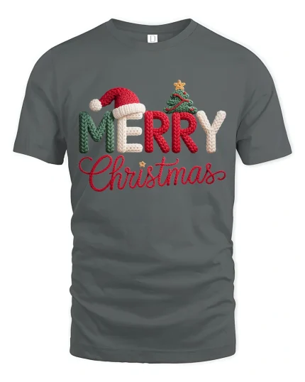 Merry Christmas Knitted Letter Graphic T Shirt Cozy Holiday Tee - gray t-shirt on white background
