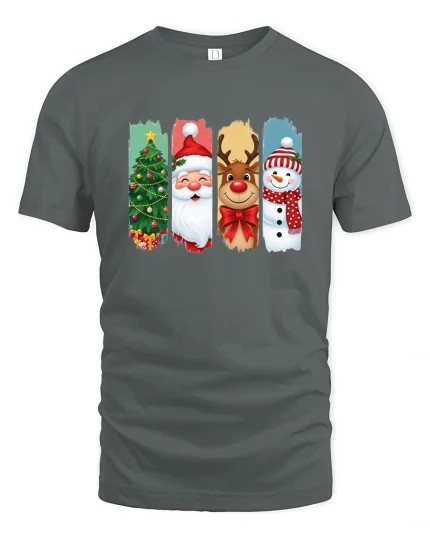 Christmas Characters Santa Reindeer Snowman Graphic T Shirt Fun Tee - gray t-shirt on white background