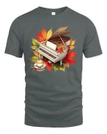 Autumn Piano Coffee Art Graphic T Shirt Cozy Music Lover Tee - gray t-shirt on white background