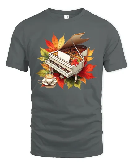 Autumn Piano Coffee Art Graphic T Shirt Cozy Music Lover Tee - gray t-shirt on white background