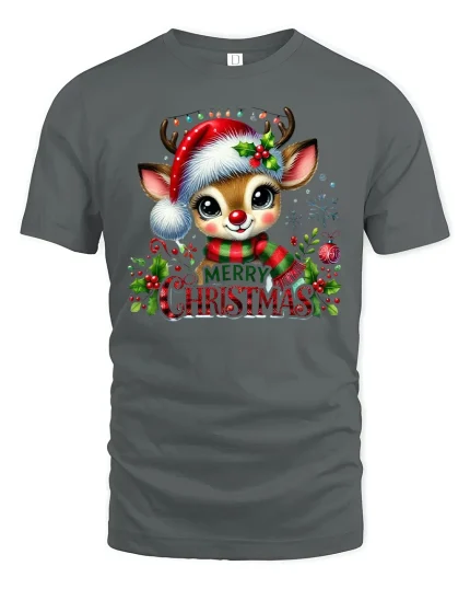 Cute Reindeer Merry Christmas Graphic T Shirt Festive Holiday Tee - gray t-shirt on white background