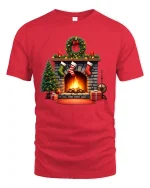 Cozy Christmas Fireplace Graphic T Shirt Holiday Home Warm Vibes Tee - red t-shirt on white background