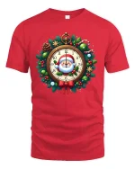 Santa Clock Christmas Wreath Graphic T Shirt Festive Holiday Tee - red t-shirt on white background